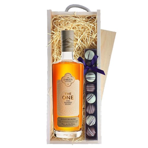 The Lakes The One Signature Blended Whisky 70cl & Heart Truffles, Wooden Box